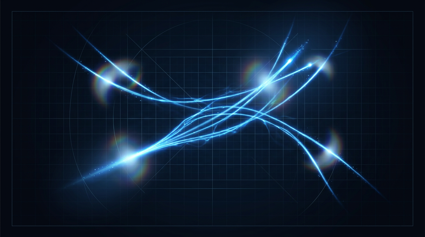 Glowing electric blue optical fibre strands propagating light through dark navy background, with visible diffraction halos and photonic scattering effects suggesting energy transmission.