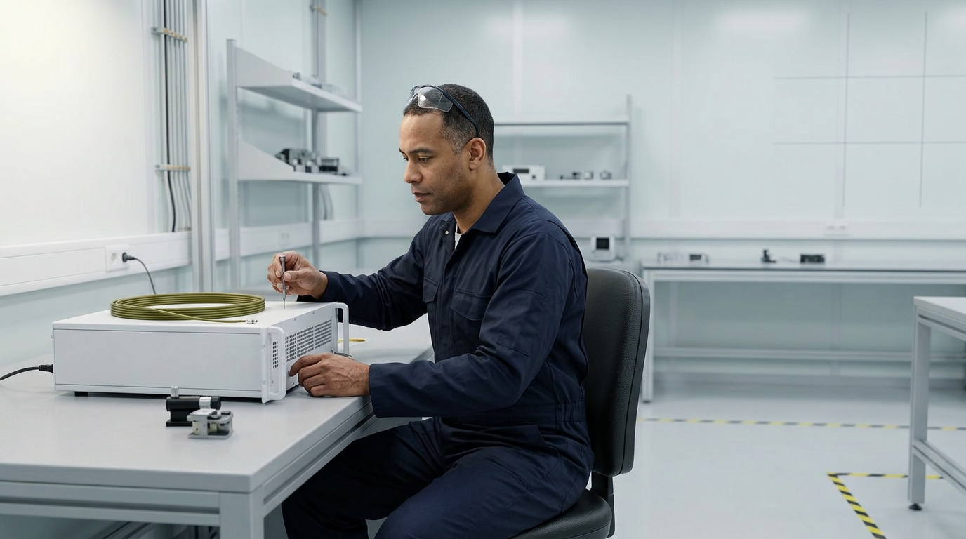 Engineer in dark navy coveralls seated at laboratory workstation, focused on a benchtop EDFA instrument with control panel visible, bright clinical lighting and clean technical environment