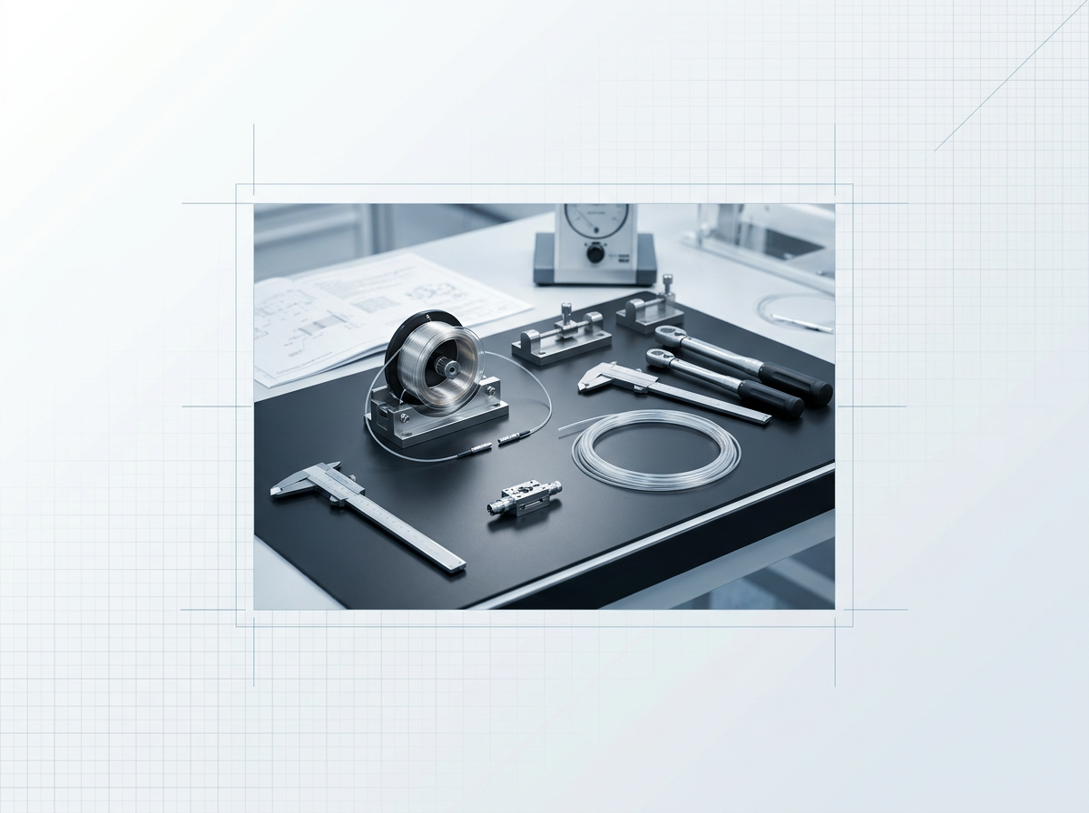 Precision engineering workbench with optical fibre coil assembly, calibrated metal tools including calipers and torque wrenches, fibre delivery cable, and optical coupling components arranged on dark grey surface under cool studio lighting.