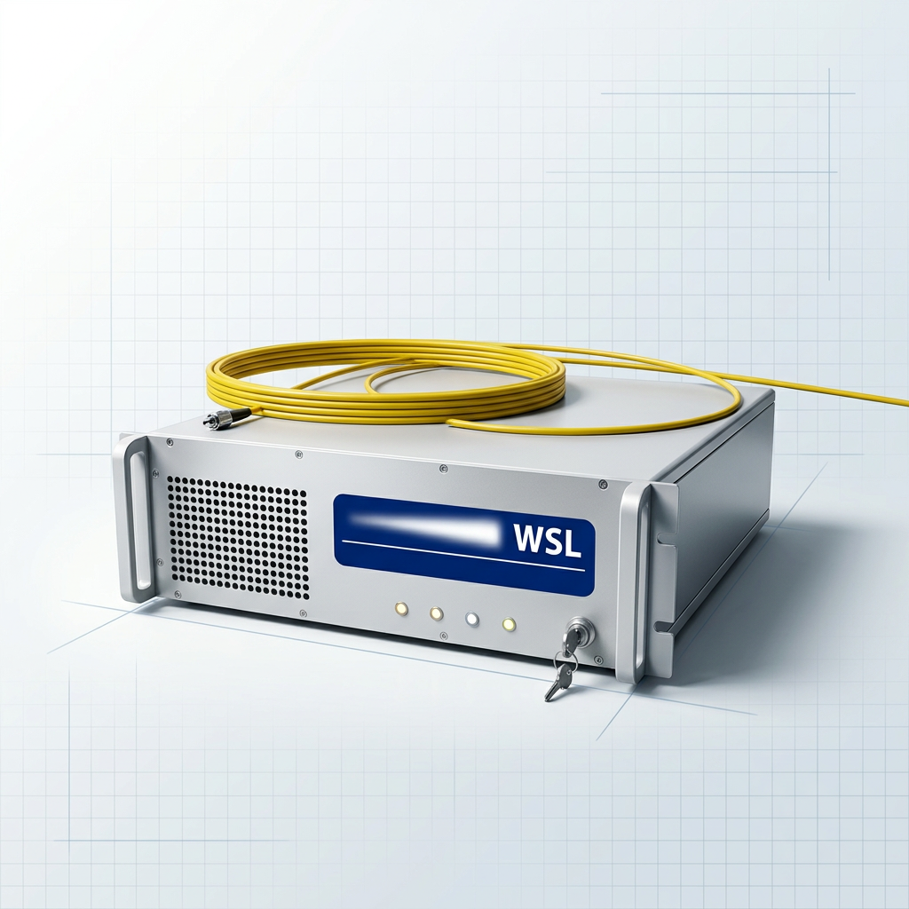 Benchtop EDFA unit on laboratory workbench with visible side vents and fiber delivery cable extending from rear output port.