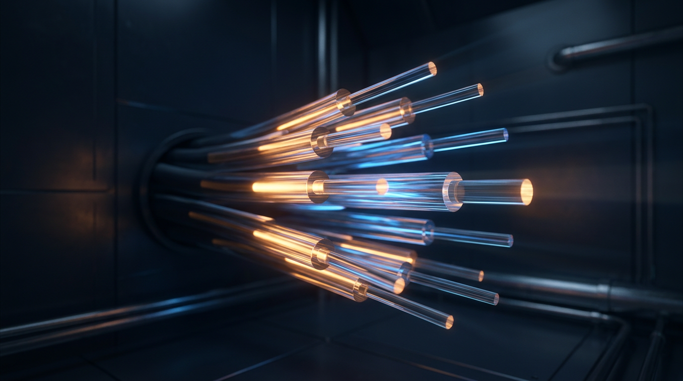 Close-up of glowing optical fibre strands bundled together, illuminated by warm amber and cool blue light refracting through the glass cores against a dark technical background.
