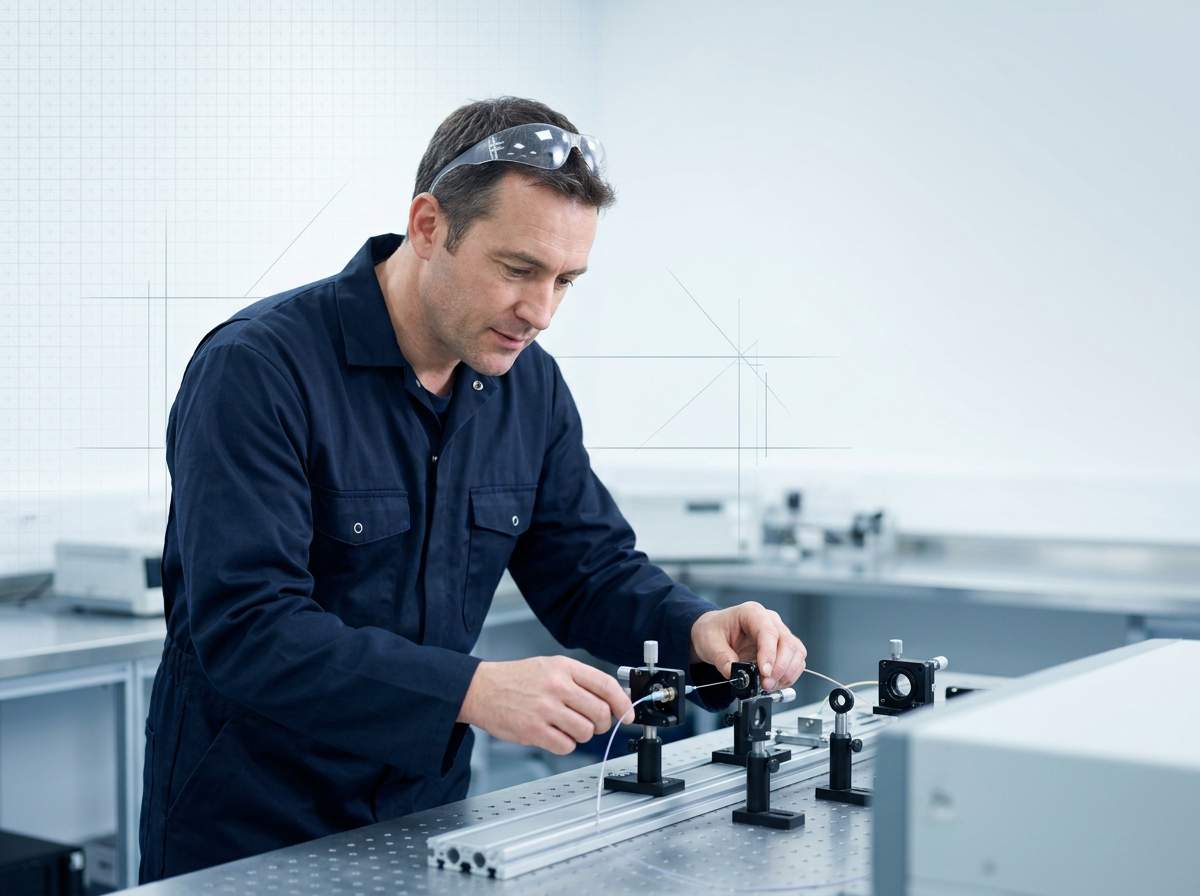 Engineer in navy coveralls adjusting fiber amplifier components at precision optical bench in bright laboratory setting, focused on technical work.