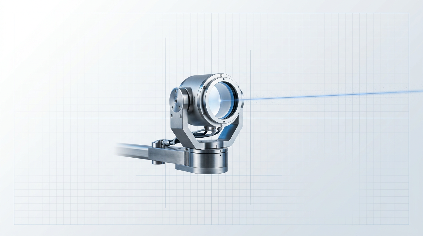 Precision ground-station optical terminal with cylindrical aperture mounted on articulated gimbal assembly, faint electric blue laser beam path emanating horizontally across light technical workspace background.