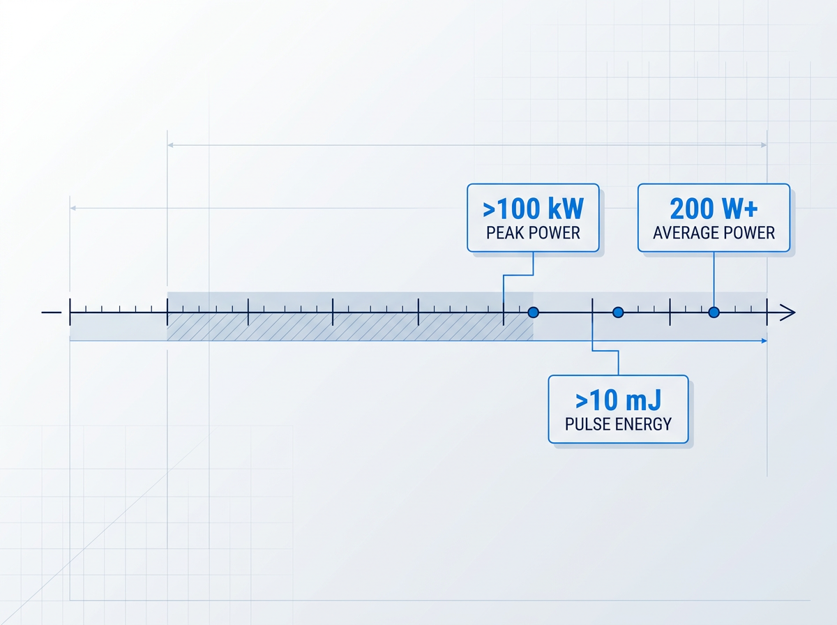 Horizontal power capability scale diagram with three capability markers: 200 W+ average power, >10 mJ pulse energy, and >100 kW peak power, with configurable range band beneath.