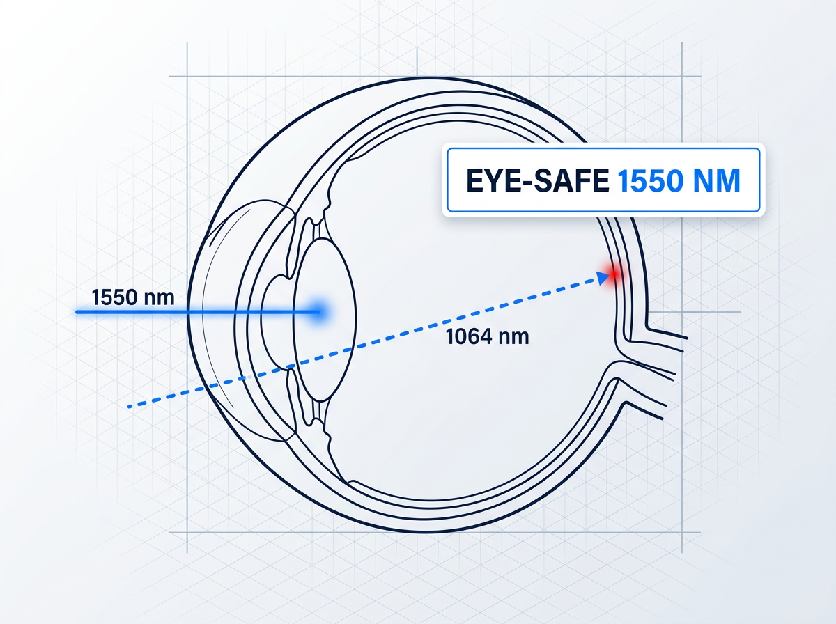 Cross-section schematic of human eye showing 1550 nm laser beam absorbed at cornea and lens layer with blue glow, and 1064 nm dashed line penetrating to retina with red danger indicator. Eye-Safe 1550 nm badge in upper right.