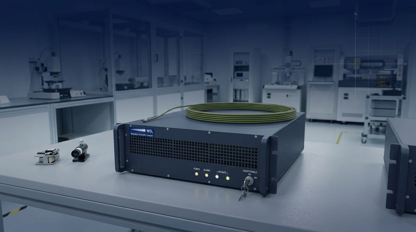 Benchtop EDFA optical amplifier unit with dark navy chassis, illuminated control panel, fiber connectors, and Woodrow Scientific branding, positioned on deep blue laboratory background with subtle grid pattern