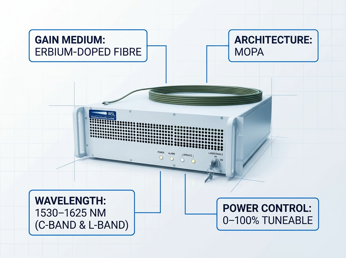 Benchtop EDFA unit with four technical annotation labels identifying gain medium (erbium-doped fibre), MOPA architecture, 1530–1625 nm wavelength window, and 0–100% power control.