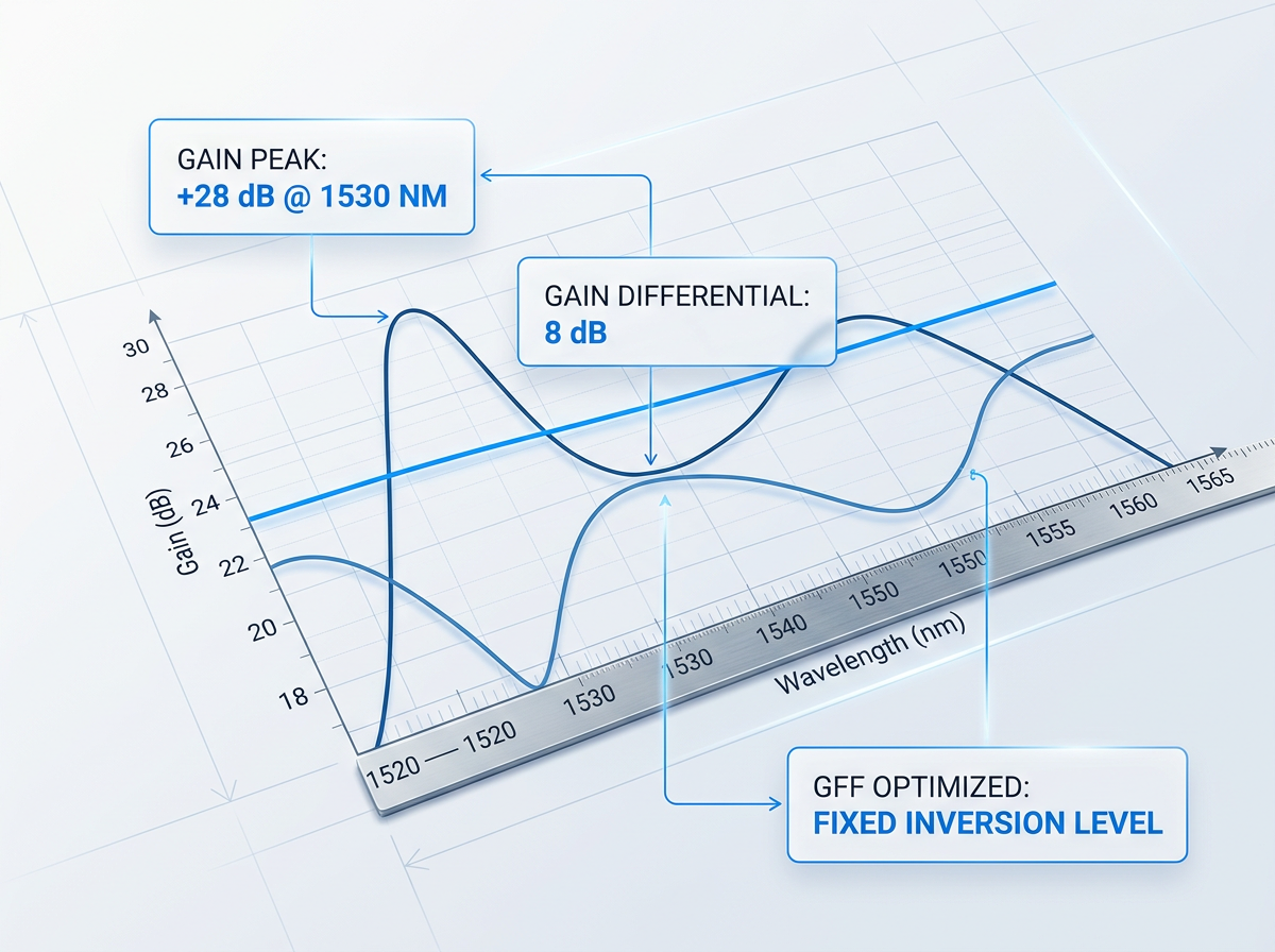 Spectral diagram with three overlaid curves: raw EDFA C-band gain profile with peaks at 1530 nm and 1550 nm, inverse GFF loss profile, and resulting flat equalized output curve. Labeled containers annotate gain differential and optimization parameters.
