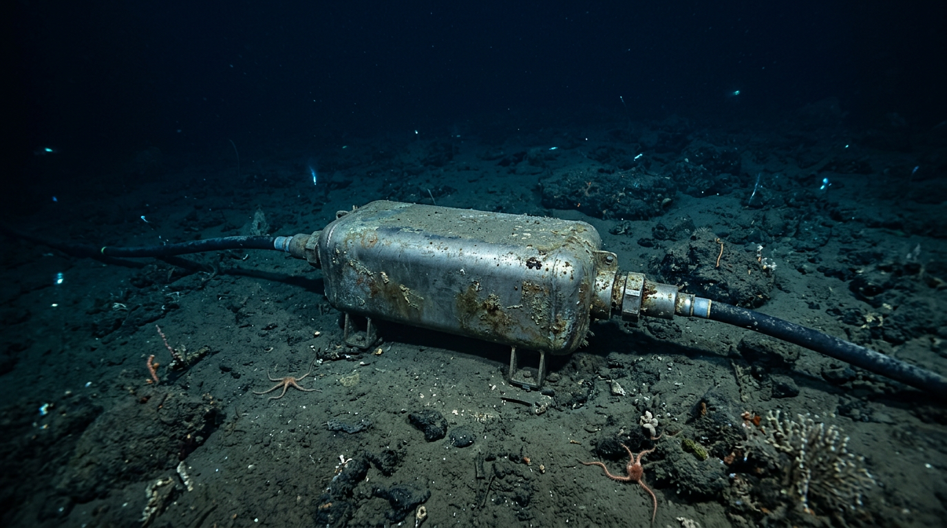 Submarine fibre-optic cable repeater housing resting on seabed at depth, with cable terminations extending from both ends, surrounded by sediment and dimly lit by filtered ocean light.