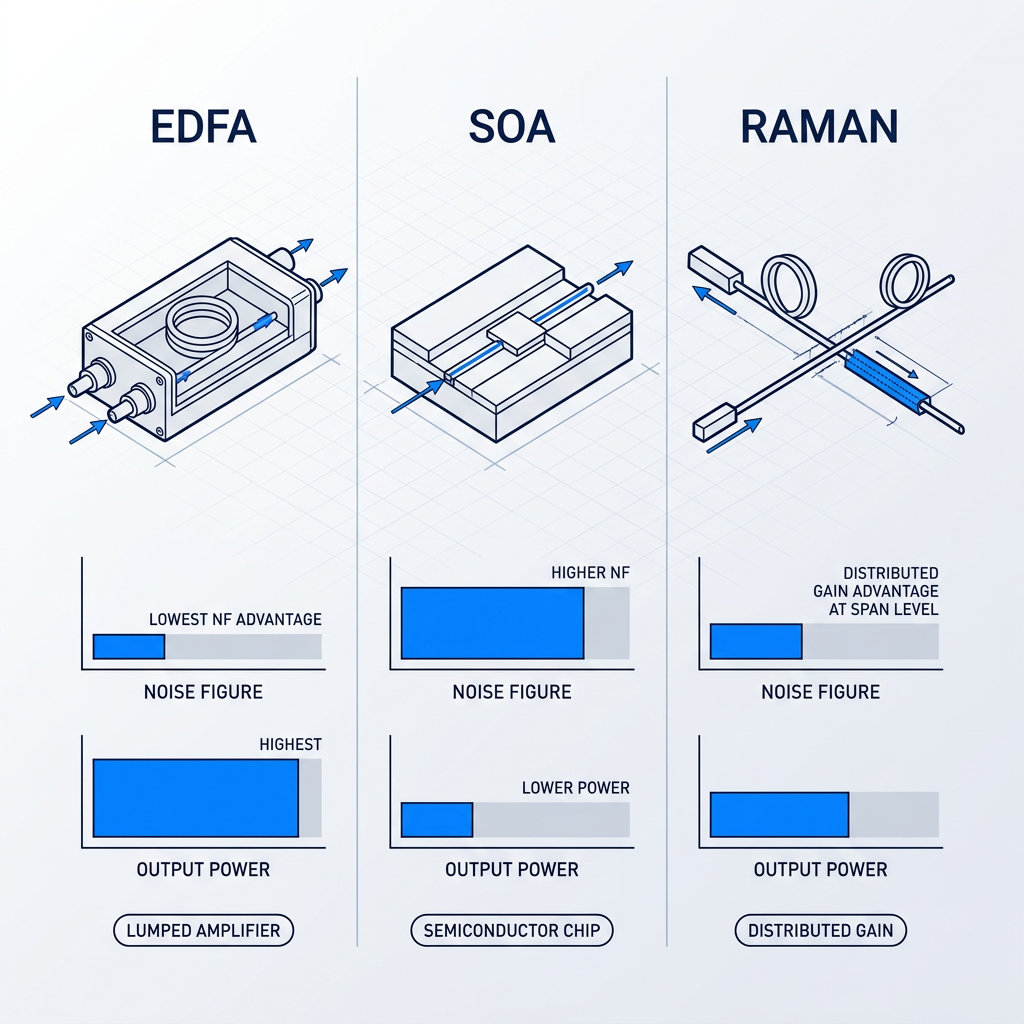 Three-column technical comparison of optical amplifier technologies: EDFA shows lowest noise figure and highest output power as lumped amplifier; SOA shows higher noise figure and lower output power as semiconductor chip; Raman shows distributed gain advantage with medium noise figure and output power.