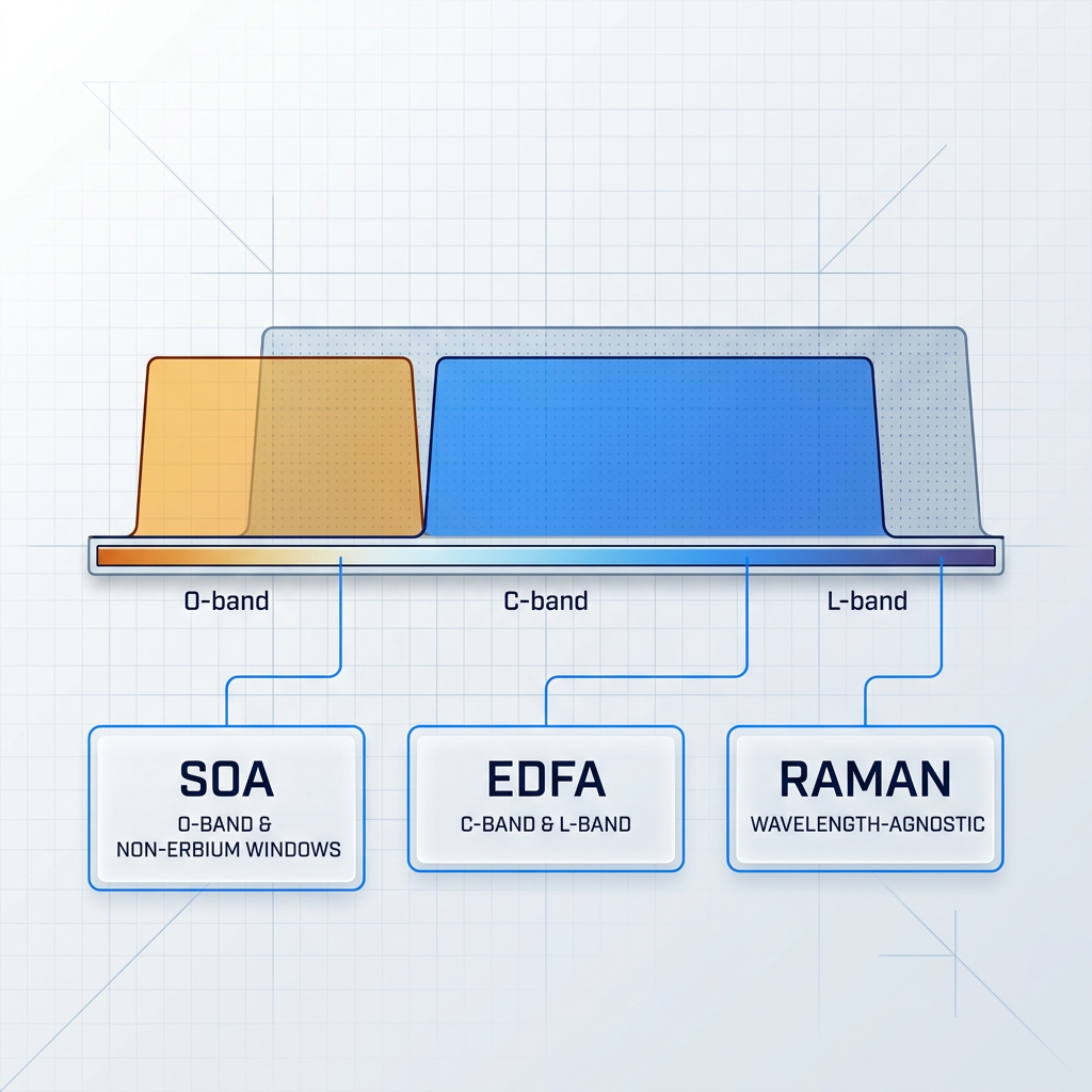 Wavelength spectrum diagram spanning O-band through L-band with color-coded amplifier coverage regions: SOA in amber covering O-band, EDFA in electric blue covering C-band and L-band, and Raman as semi-transparent overlay indicating flexible wavelength-agnostic placement.