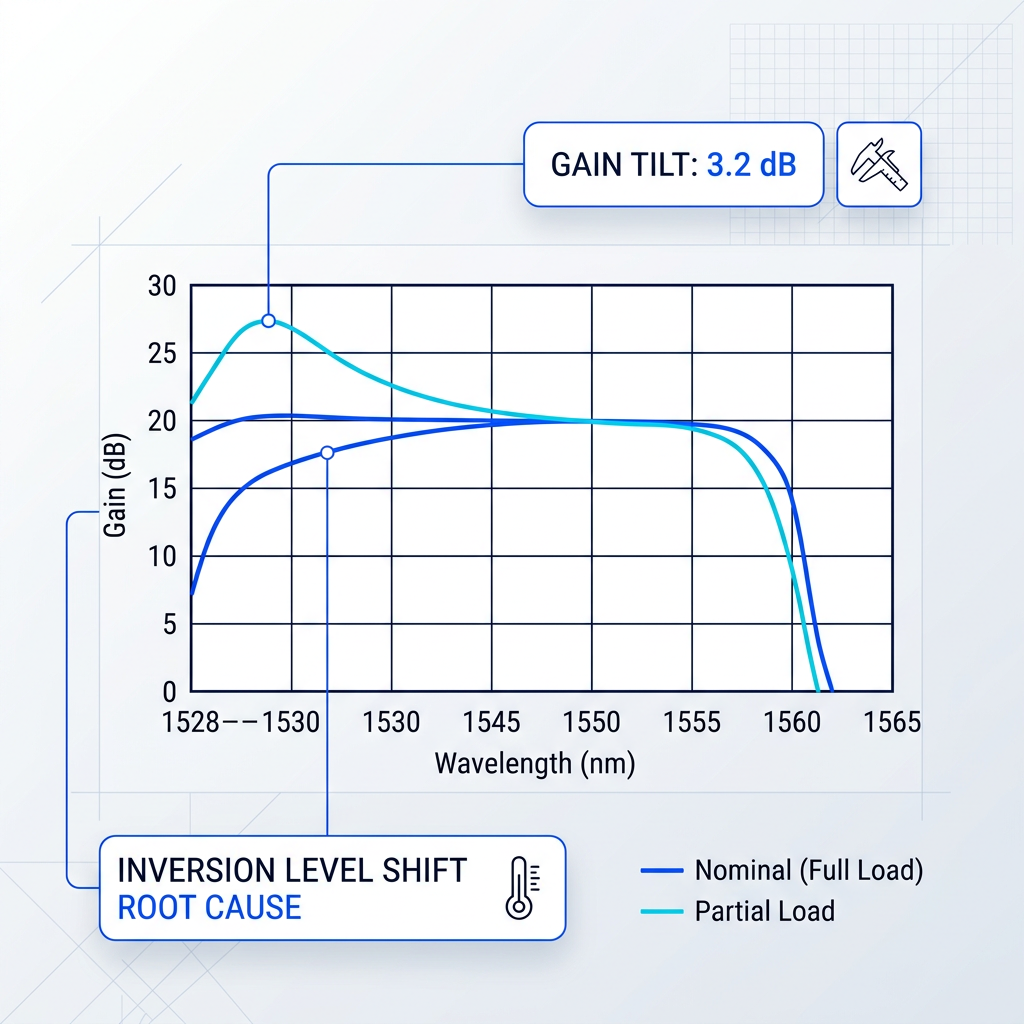Spectral gain plot comparing two EDFA curves across C-band wavelengths: flat nominal full-channel-load curve and tilted partial-load curve showing 3.2 dB gain tilt with inversion level shift as root cause.