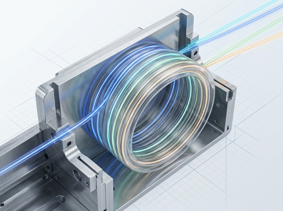 Close-up of erbium-doped optical fibre coiled within an amplifier module, with multiple coloured light paths—blue, cyan, green, and amber—simultaneously propagating through the fibre to represent multi-channel amplification.