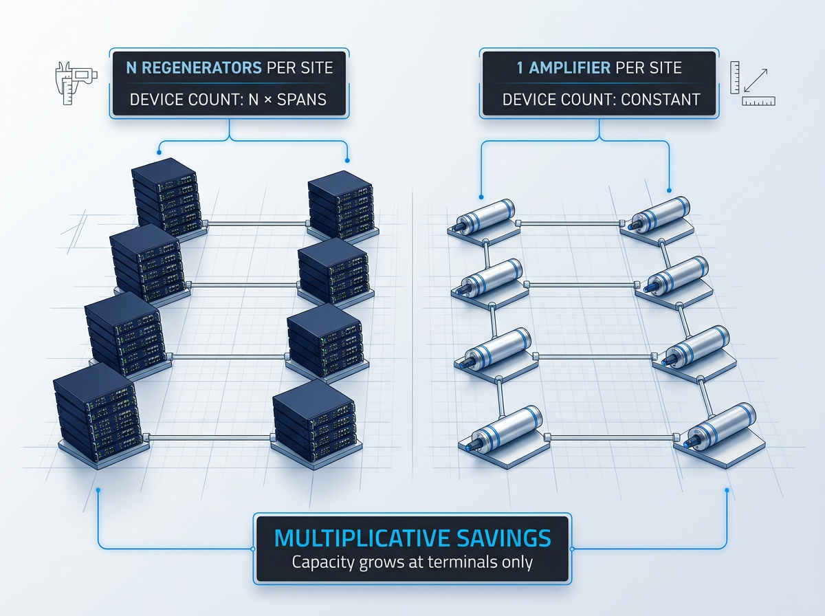 Side-by-side comparison of OEO regeneration and EDFA amplification architectures across four repeater sites, showing N stacked regenerator units per site on the left versus single amplifier module per site on the right.
