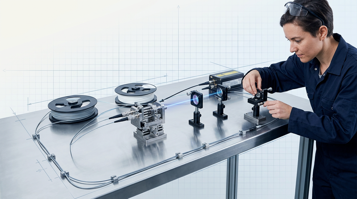 Precision photonics laboratory workbench with fibre-coupled optical amplifier setup, polarisation-maintaining fibre reels, beam-steering optics, and engineer adjusting alignment in cool-lit industrial workspace.