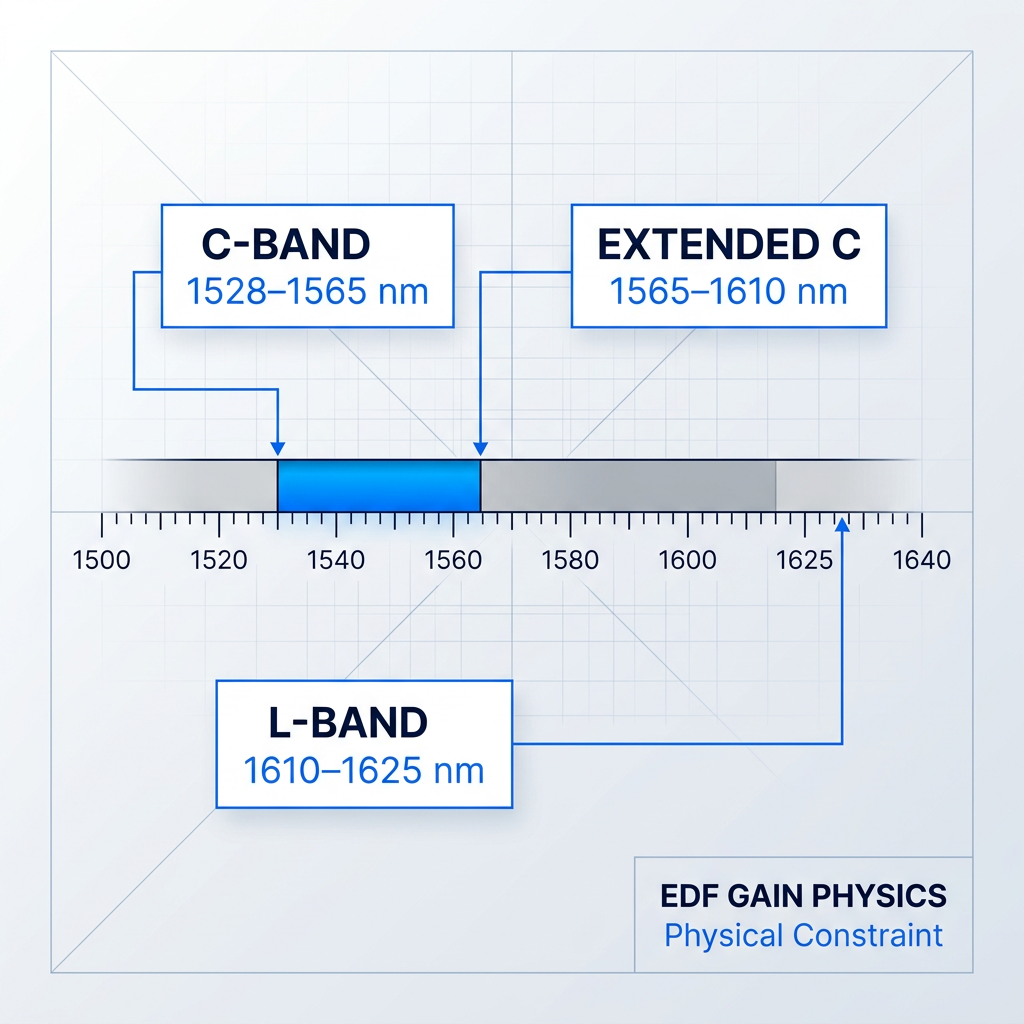 Wavelength spectrum diagram spanning 1500–1640 nm with C-band coverage window (1528–1565 nm) highlighted in electric blue, flanked by unshaded extended C-band and L-band regions with labeled containers indicating physical EDF gain constraints.