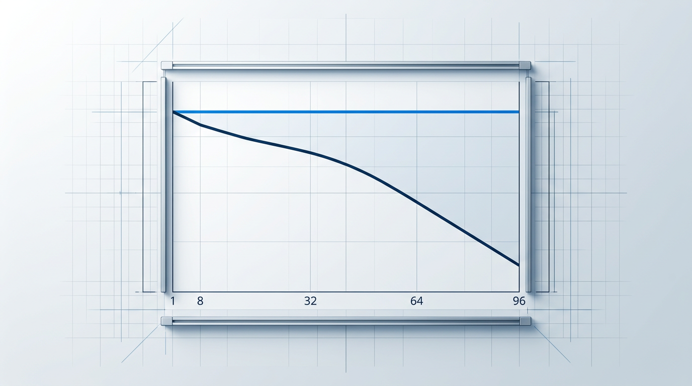 Dual-axis graph showing constant total output power as flat horizontal line and declining per-channel power as descending line across 1 to 96 DWDM channels, illustrating gain compression under full load.
