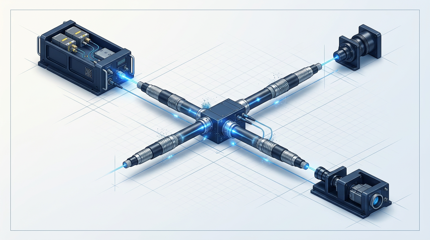 Isometric technical illustration of unrepeatered submarine fiber-optic link showing high-power booster EDFA at transmit terminal, distributed Raman amplification along cable span, and remote optically pumped amplifier at mid-point, with electric blue glow indicating signal and pump laser paths.
