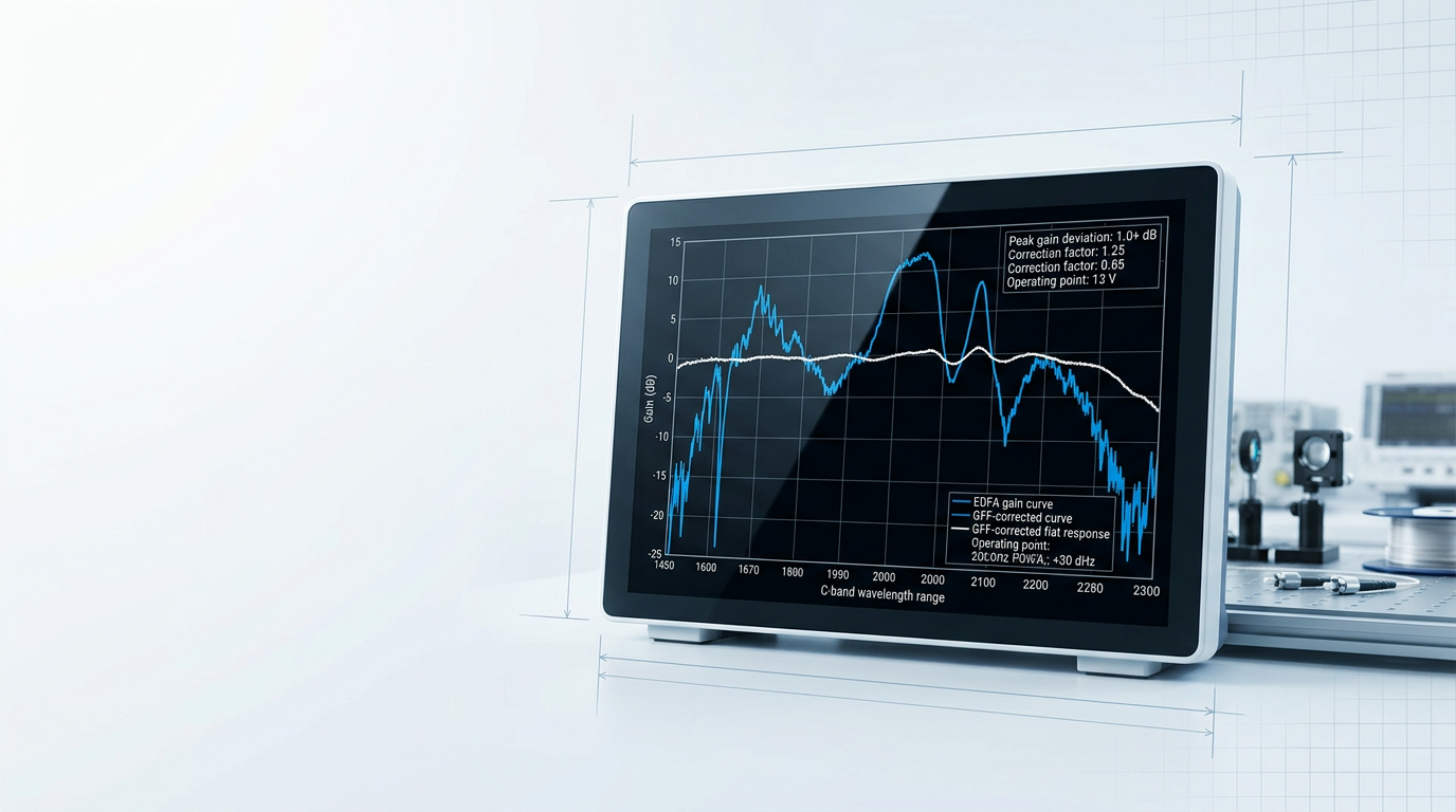 Dual spectral gain plot on precision test bench display showing raw EDFA gain curve with 10+ dB variation across C-band wavelength range and overlaid GFF-corrected flat response curve.