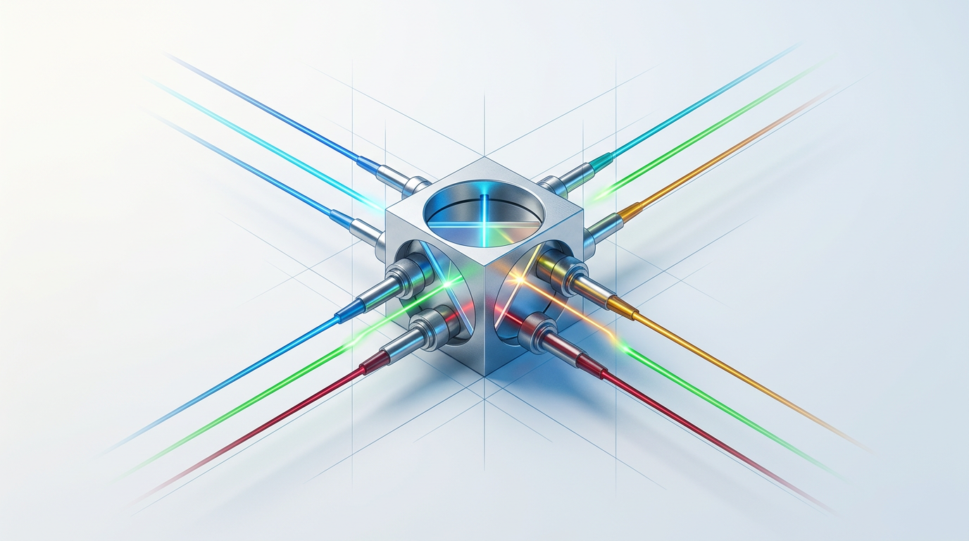 ROADM node with multiple colored light paths representing wavelength channels branching and recombining through optical couplers and beam splitters.
