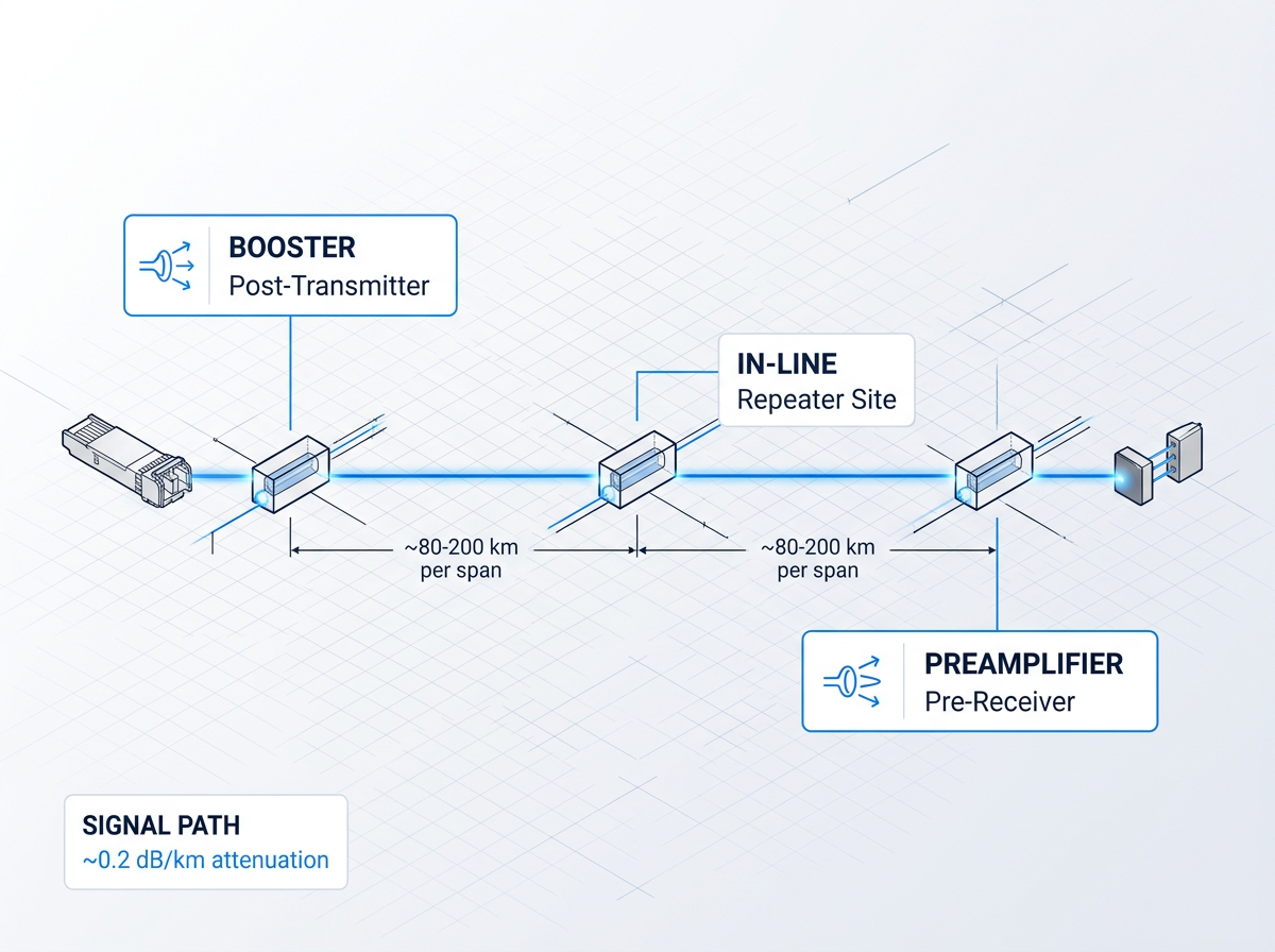 Schematic of fibre-optic transmission link with three optical amplifier stages: booster post-transmitter, in-line at repeater site, and preamplifier pre-receiver, connected by signal path showing attenuation and amplification points.