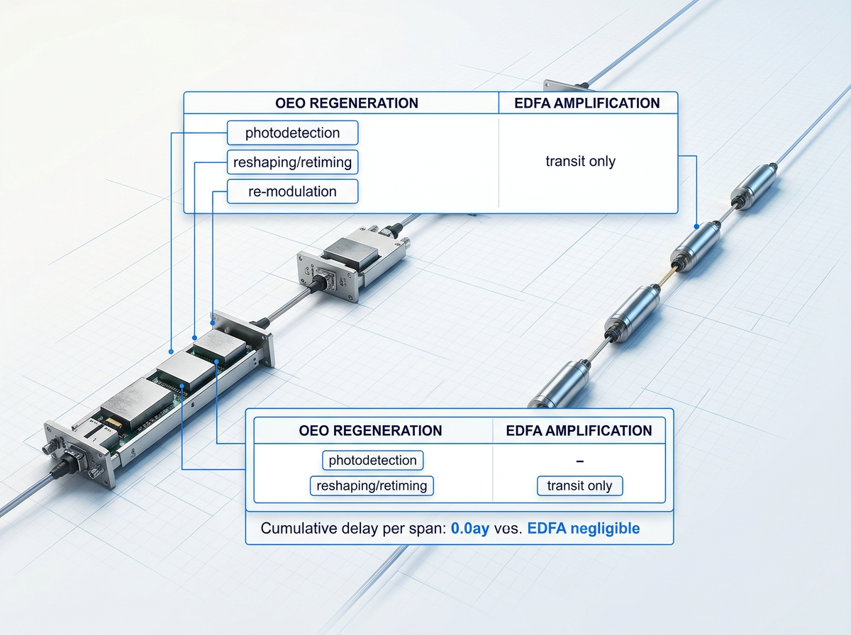 Parallel comparison of OEO regeneration and all-optical EDFA amplification architectures across multi-site fiber links, showing processing delay accumulation at each regeneration node versus minimal transit delay through optical amplifiers.