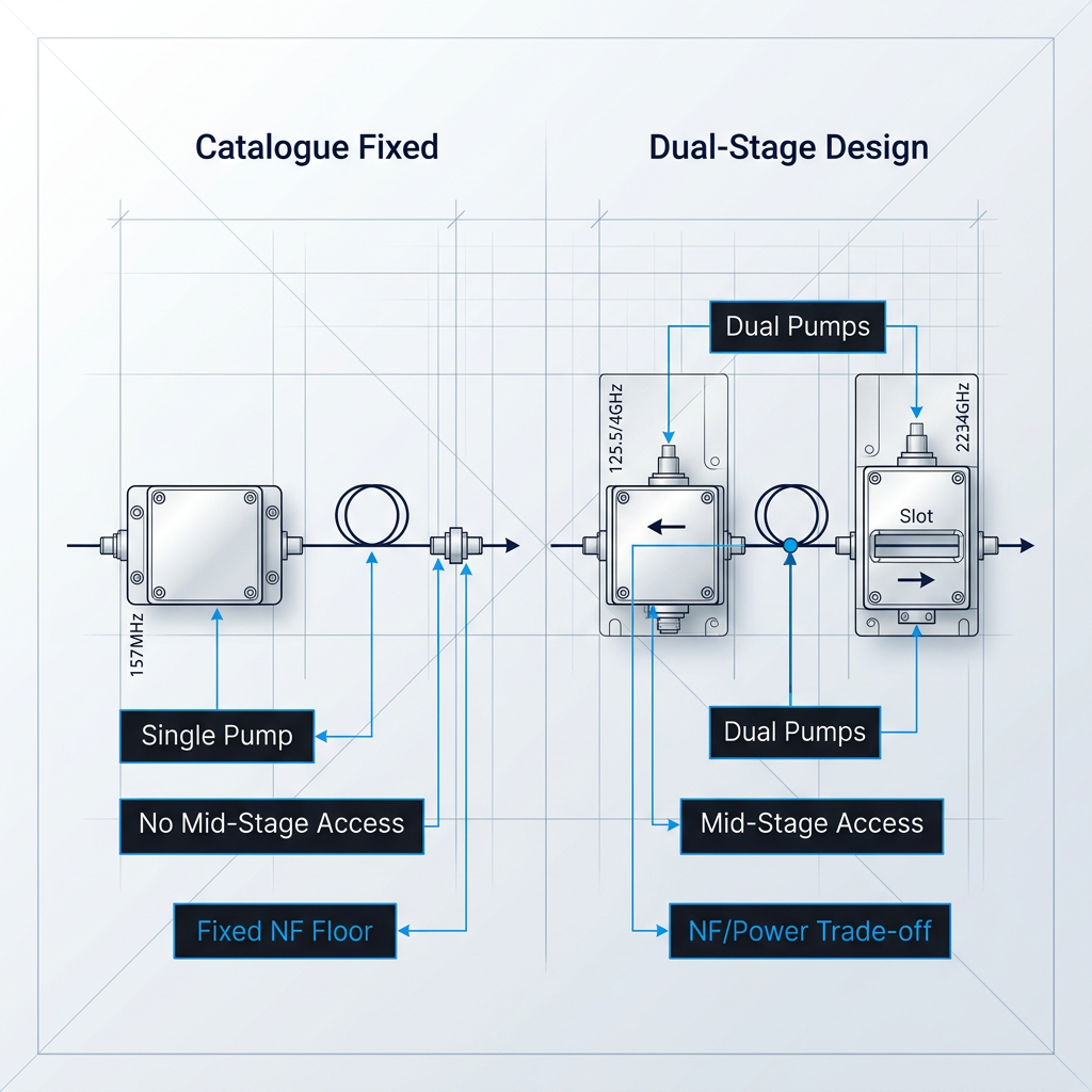 Side-by-side EDFA architecture comparison: left shows fixed single-stage single-pump design with no mid-stage access; right shows dual-stage dual-pump design with mid-stage access point and dispersion compensation insertion slot.