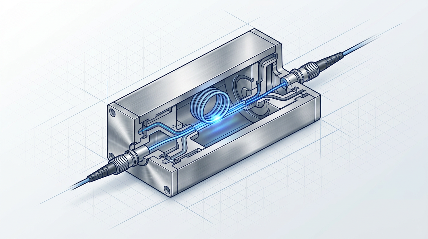Isometric cutaway of an EDFA showing erbium-doped fiber core with 980 nm pump path (bright electric blue) and 1480 nm path (dimmer secondary trace), fiber connectors at input and output, metal housing with brushed steel finish, and population inversion glow highlighting the 980 nm superiority for noise figure performance.