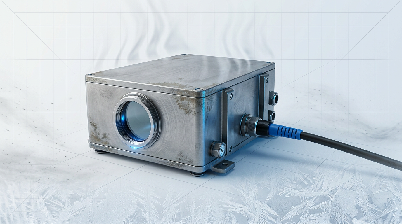 Rugged titanium optical equipment enclosure with sealed optical port, fiber-optic cable, and isolation mounting feet against light gradient backdrop with frost and heat shimmer effects, signaling extreme environmental qualification.