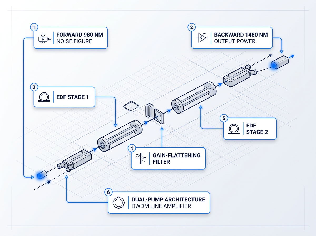 Technical schematic of dual-pump two-stage EDFA showing signal flow left to right through WDM couplers, erbium-doped fibre stages, and gain-flattening filter, with forward 980 nm and backward 1480 nm pump laser injection points marked in blue.