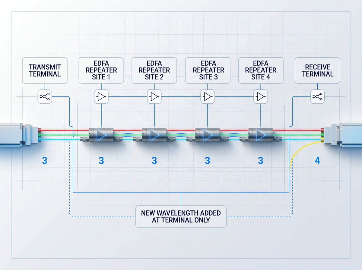 Long-haul fibre-optic link diagram showing transmit terminal, four EDFA repeater sites with single amplifier modules at each, and receive terminal. Three wavelength channels propagate through all sites unchanged; fourth channel added only at receive terminal endpoint.