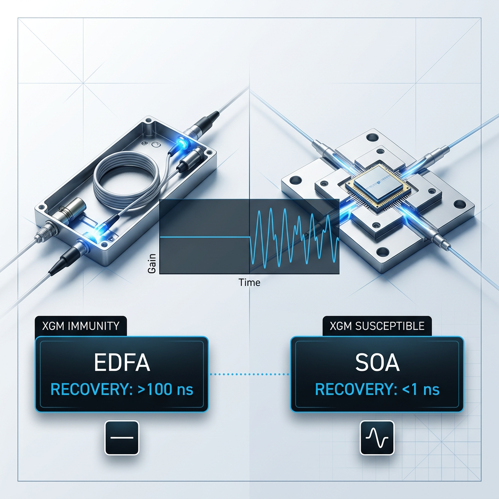 Split-screen technical comparison of EDFA and SOA amplifiers with gain response curves showing flat recovery versus fast modulation tracking, labeled with recovery timescales and XGM susceptibility indicators.