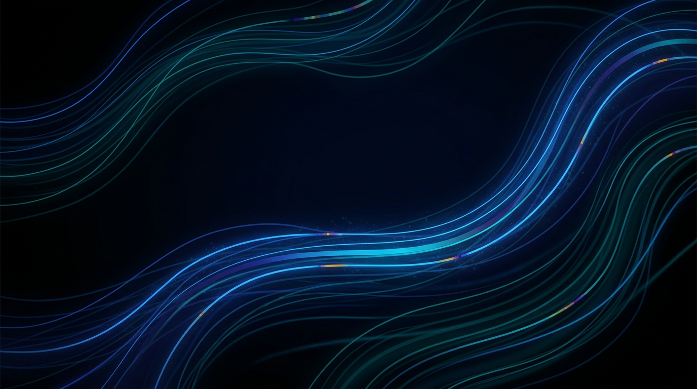 Fibre-optic signal paths rendered as luminous threads curving through deep navy and black void, with electric blue, teal, and cyan wavelengths representing DWDM channel separation, centre-open for text legibility.