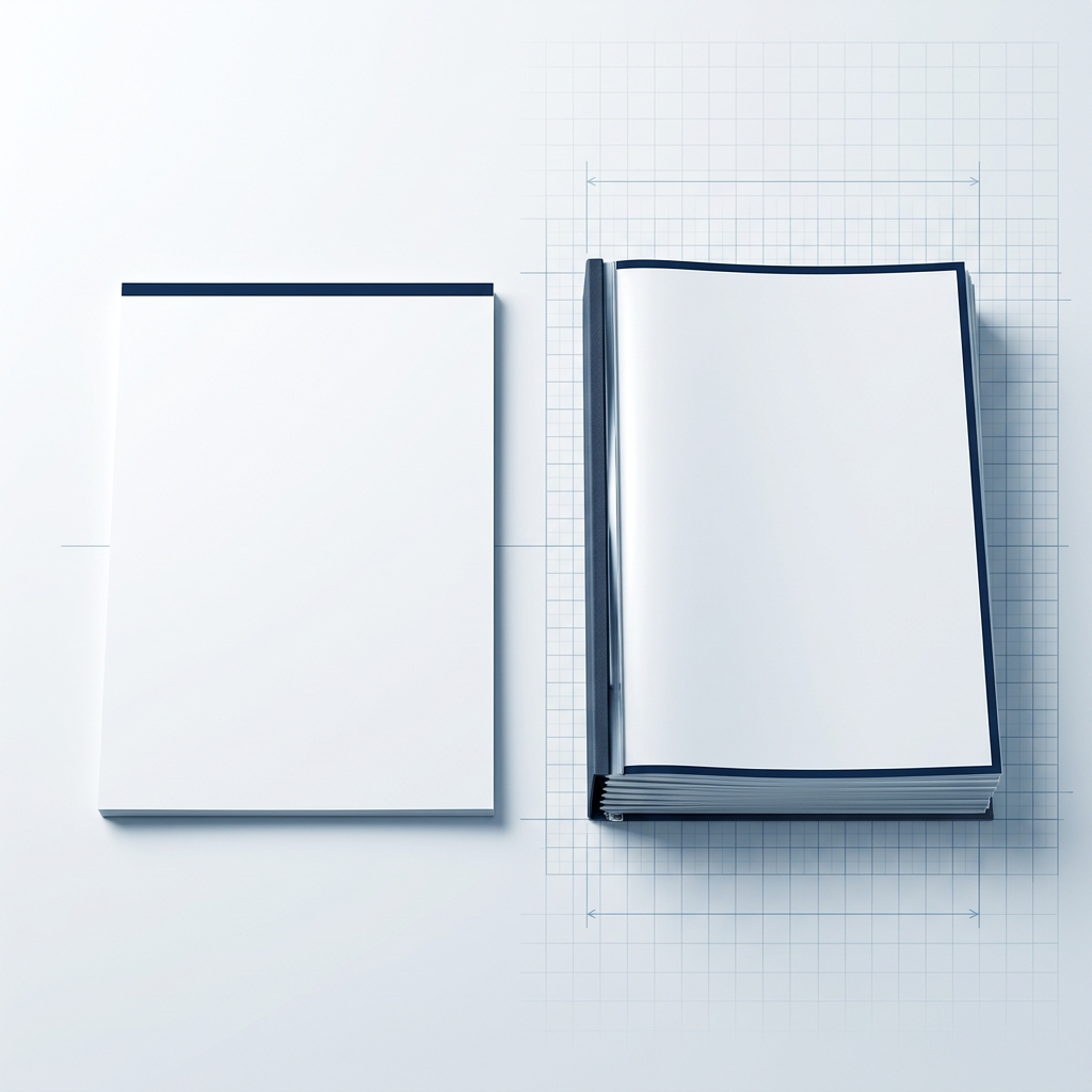 Two document stacks side by side: thin single datasheet on left, thick bound documentation set on right with spine labels for design files, qualification reports, traceability records, and ownership certificates.