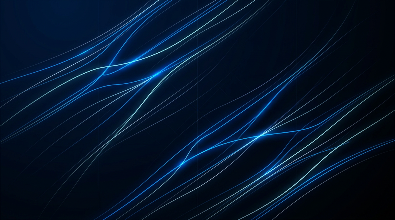 Abstract fibre-optic light paths rendered as glowing electric blue and cyan strands flowing diagonally across a deep navy-to-black gradient, with branching nodes where paths intersect, suggesting signal propagation through optical amplifier systems.