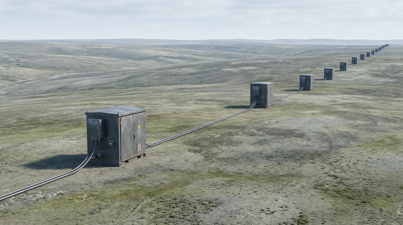 Long-haul terrestrial DWDM fibre route across landscape with amplifier huts spaced at regular intervals, emphasizing cascaded optical amplification architecture over hundreds of kilometres.