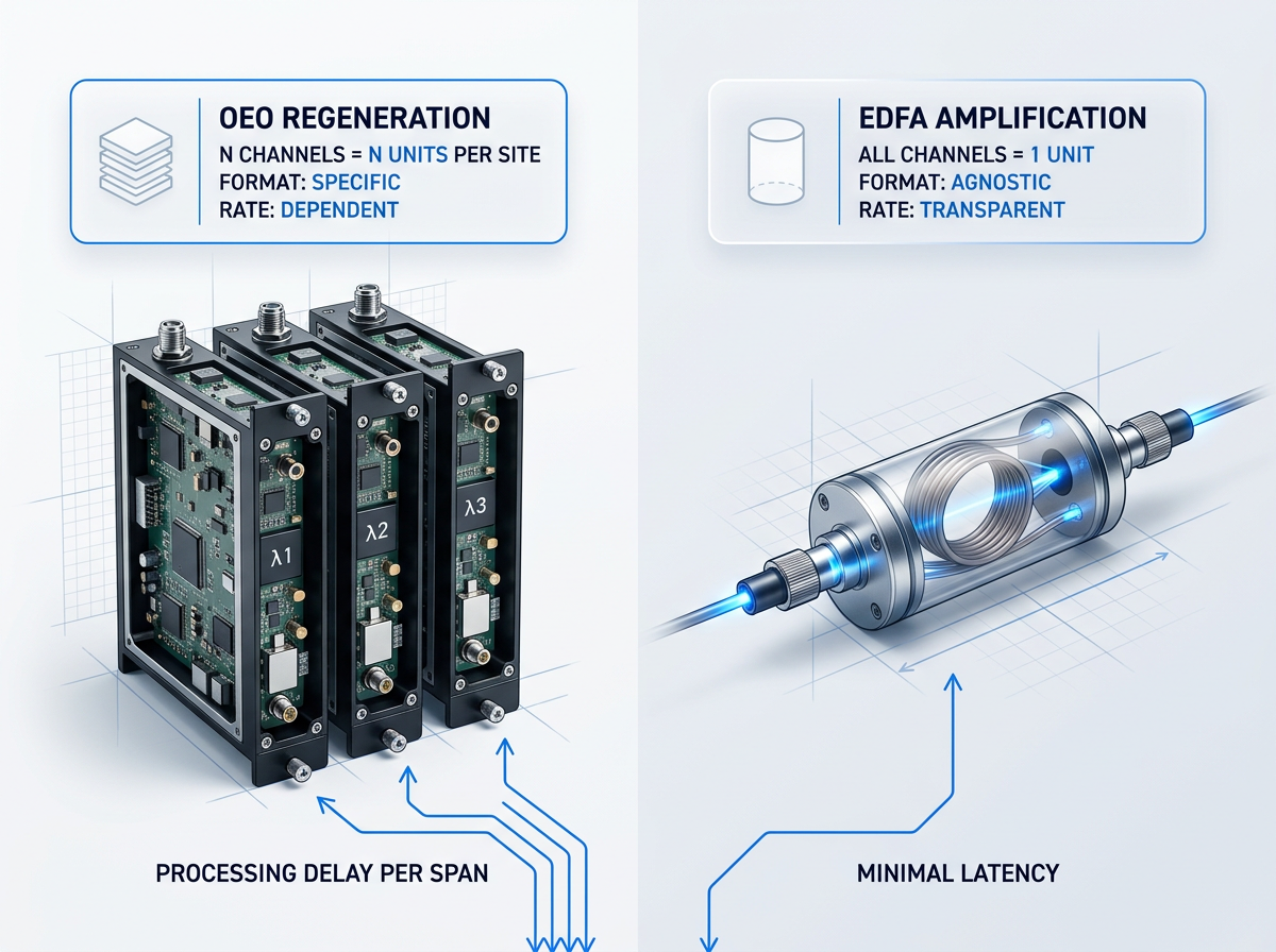 Split-screen technical comparison showing OEO regeneration stack with three separate wavelength-specific units on left versus single EDFA amplifier handling all channels simultaneously on right, illustrating format transparency advantage of optical amplifiers.