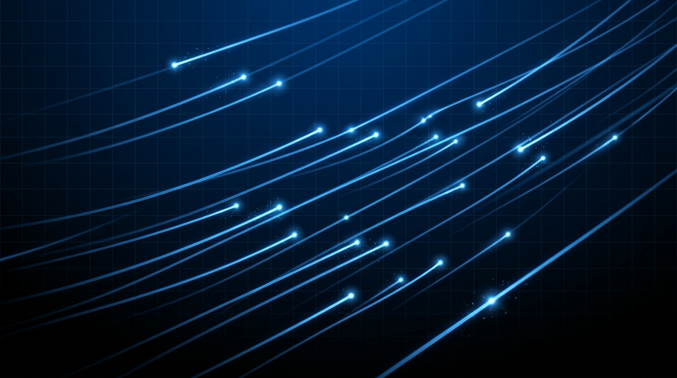 Dark background with glowing electric blue optical fibre strands threading diagonally across the frame, light pulses travelling along each strand suggesting C-band wavelength transmission.