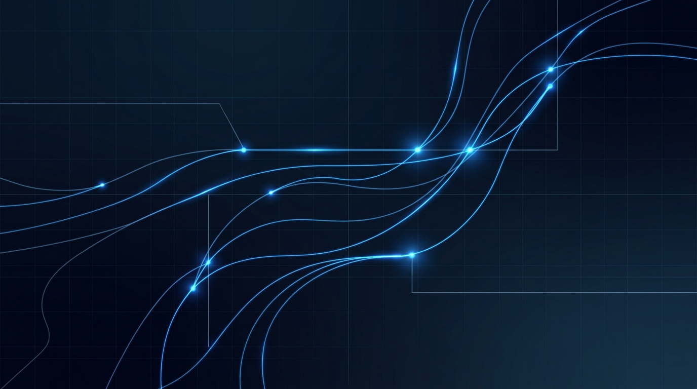 Dark technical environment with glowing electric blue fiber optic strands carrying light pulses through space, intersecting at luminous nodes, suggesting precision signal transmission in optical network infrastructure.