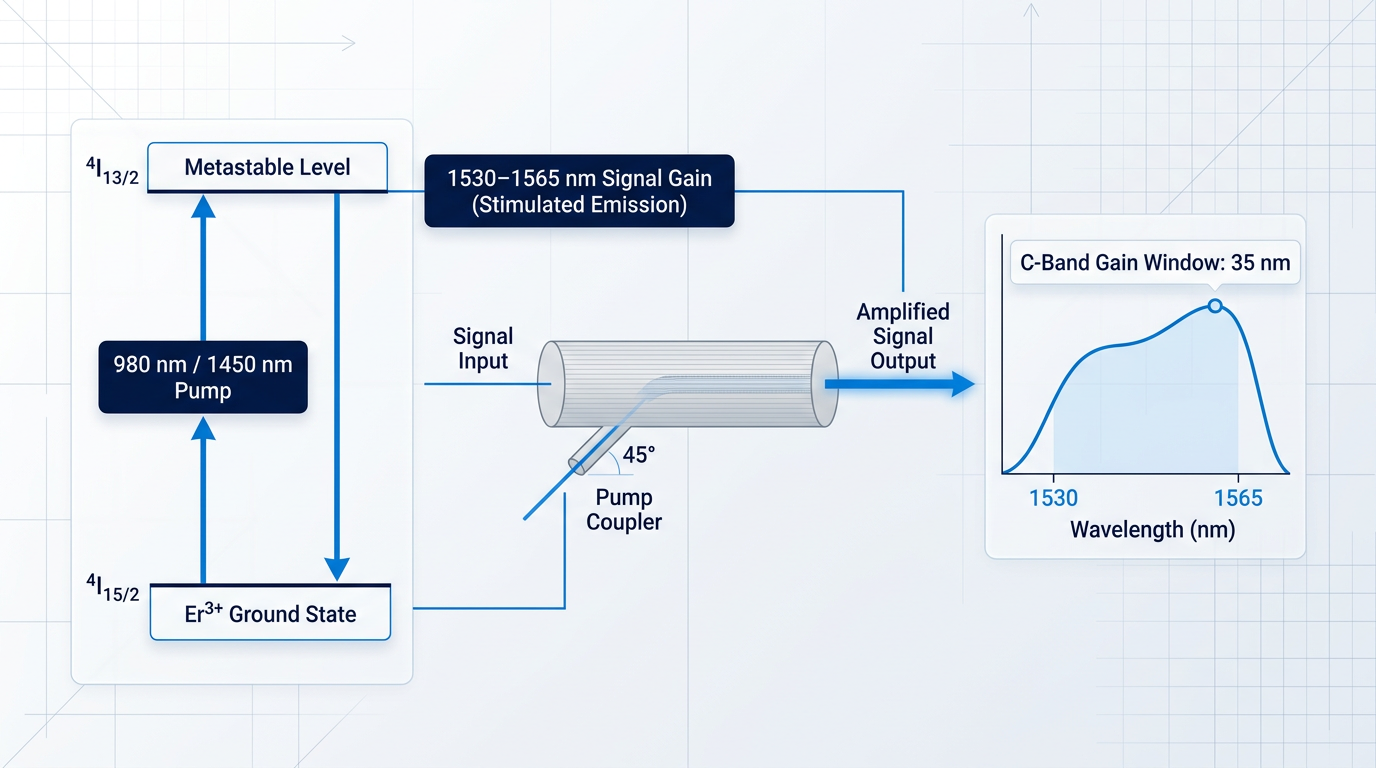 Energy-level diagram and fibre schematic showing EDFA operating principle: ground state and metastable level with 980/1450 nm pump excitation, 1530–1565 nm stimulated emission, and C-band gain window spanning 35 nm.