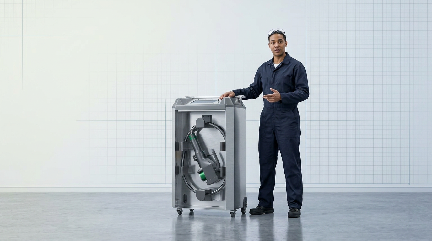 Professional operator in navy coveralls standing confidently beside a compact wheeled laser cleaning unit in a bright industrial workshop, demonstrating portable service equipment.