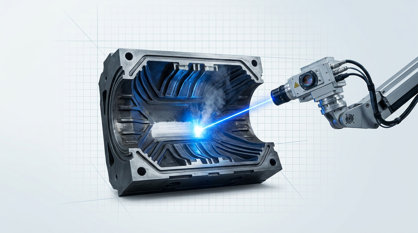 Industrial tyre vulcanisation mould with visible venting channels and surface geometry, illuminated by an electric blue laser beam cleaning vulcanisation residue from the metal surface.