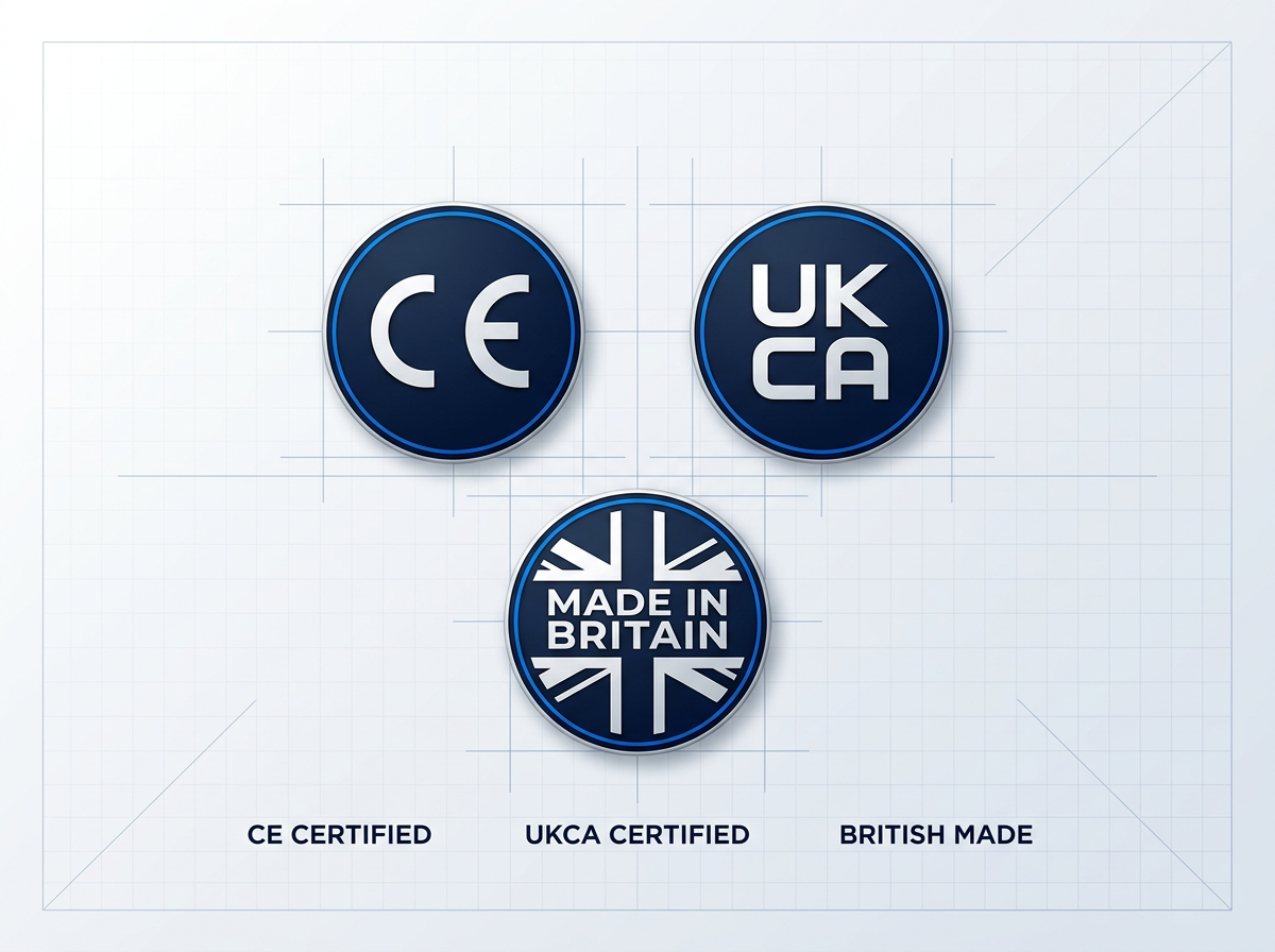 CE, UKCA, and Made in Britain certification badges arranged side by side with supporting labels, confirming dual-market compliance and British manufacture.
