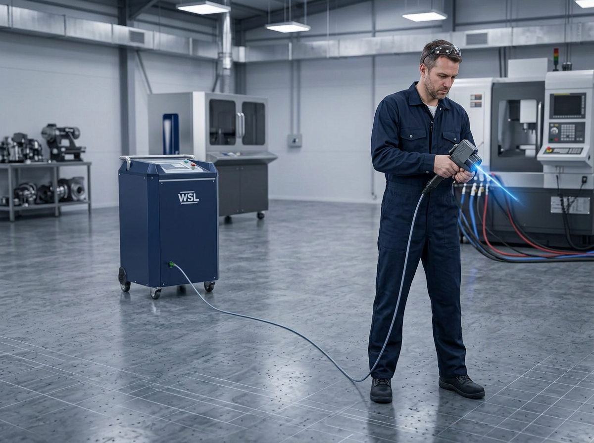 ELASER wheeled laser cleaning unit on left side of industrial workshop floor connected by delivery cable to operator in dark coveralls on right, holding lightweight handheld scanner with electric blue laser glow at emission point.