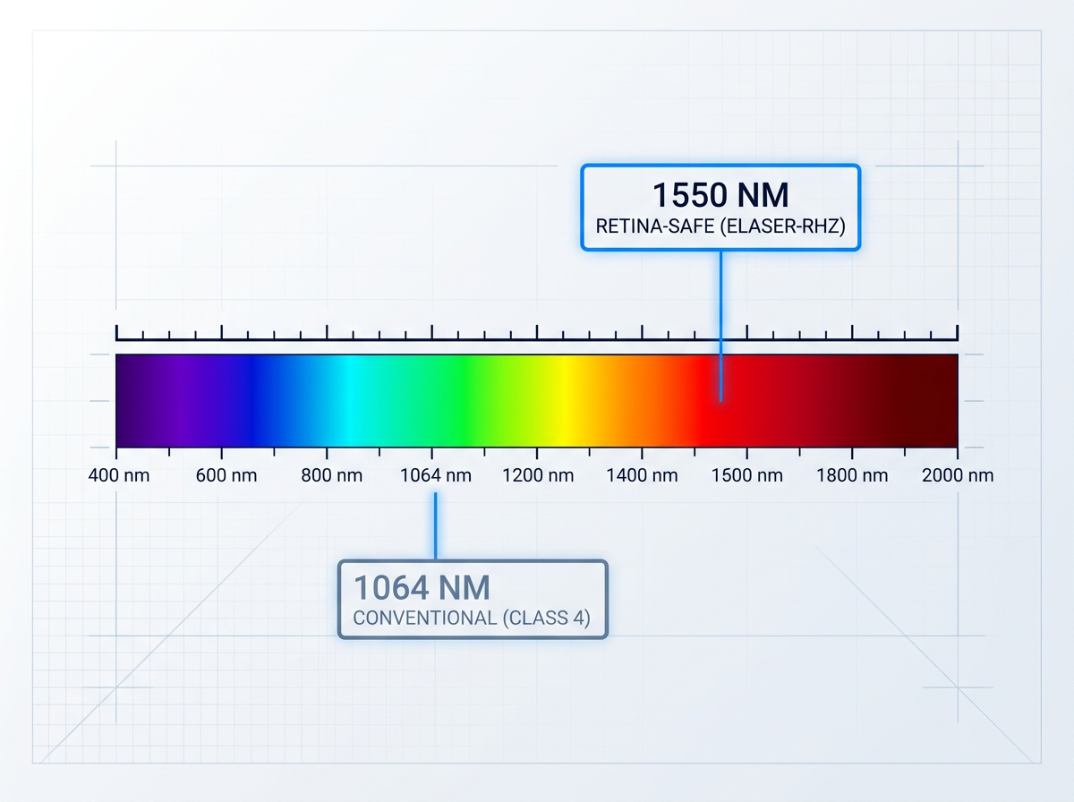 Wavelength spectrum diagram comparing laser systems: 1550 nm retina-safe ELASER-RHZ highlighted in electric blue, contrasted with 1064 nm conventional Class 4 in muted grey-blue, with connector lines and labeled callouts on light technical background.