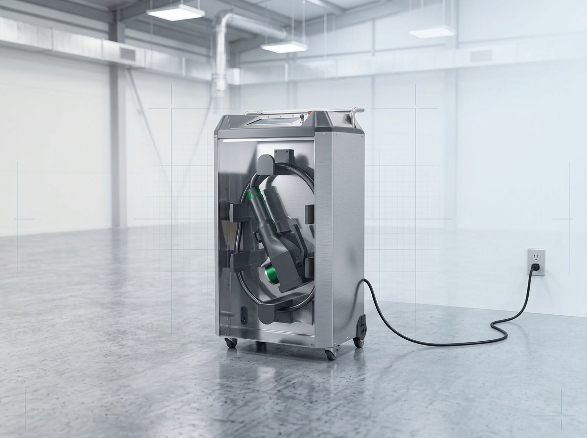 ELASER laser cleaning machine positioned on a workshop floor with a single black power cable extending to a wall outlet, no external water, coolant, or compressor infrastructure visible.