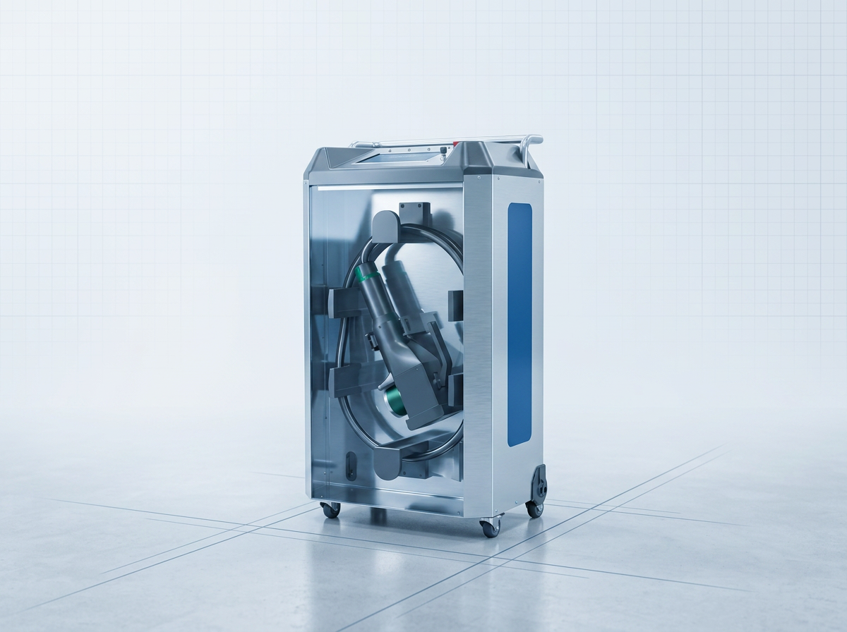 ELASER laser cleaning machine positioned in a bright industrial workshop with polished concrete floor and subtle geometric grid pattern, rendered with precise mechanical detail and reflective metal surfaces.