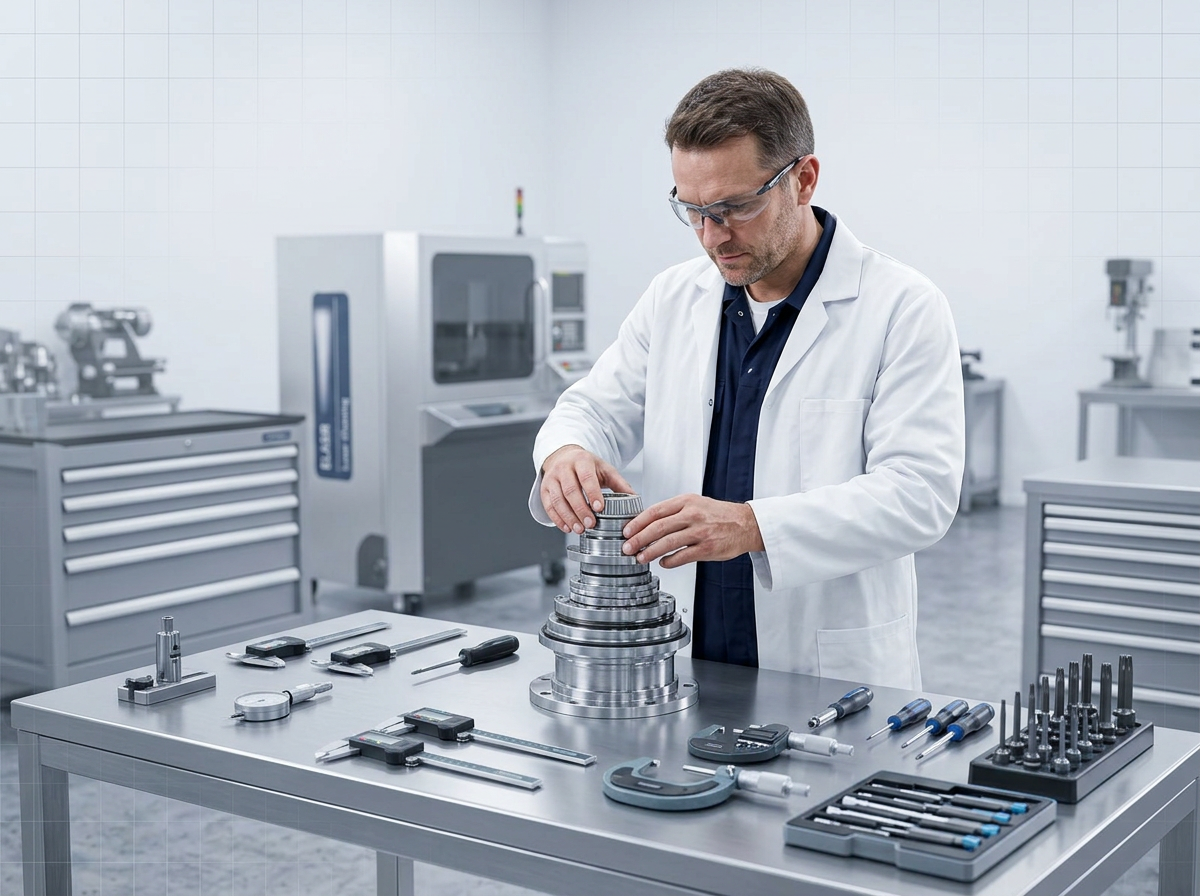 Technician in navy coveralls and white lab coat inspects precision-engineered laser cleaning machine components on a bright workshop bench, demonstrating careful assembly and engineering expertise.