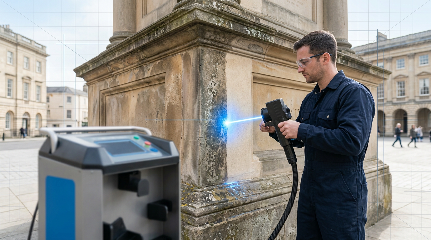 Technician using ELASER-RHZ laser cleaning system on weathered stone monument in public plaza, with electric blue laser beam visible at contact point showing cleaned bare stone contrasting with aged patina, background shows people and architecture confirming open-access restoration.