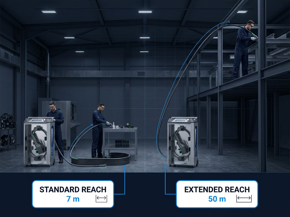 Side-by-side comparison of ELASER laser cleaning machine deployment scenarios: left shows 7-meter cable reach limiting operator to ground-level work; right shows 50-meter cable enabling operator to work at elevated height on steel infrastructure.
